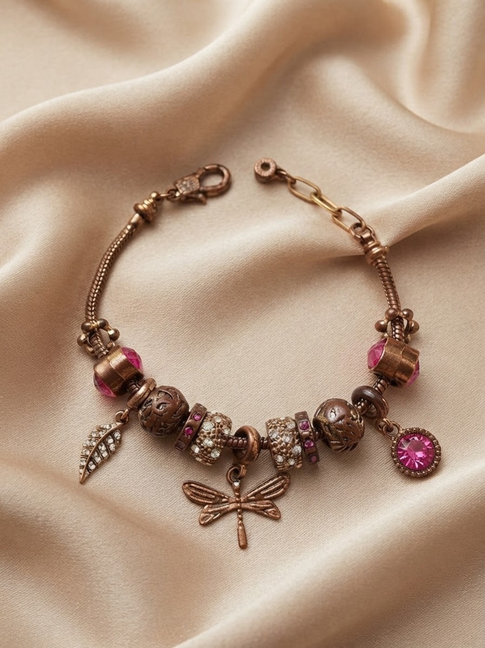 Vintage Bronze Charm Bracelet with Hot Pink Rhinestones & Charms